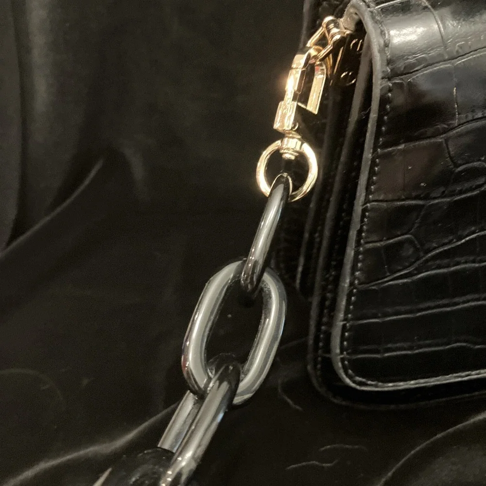 HOUSE OF WANT Newbie Satchel Bag Black Gold Hardware Croc Vegan Leather Purse